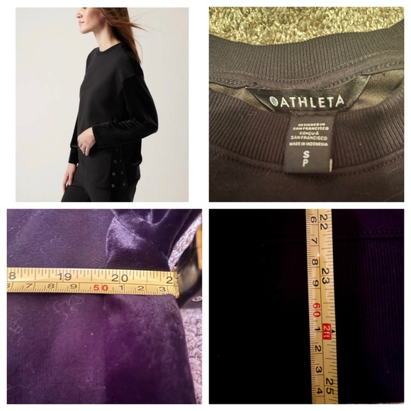 Athleta Retroplush Black Velvet Crewneck Sweatshirt Snap Button Side Slit- SP - Picture 14 of 14